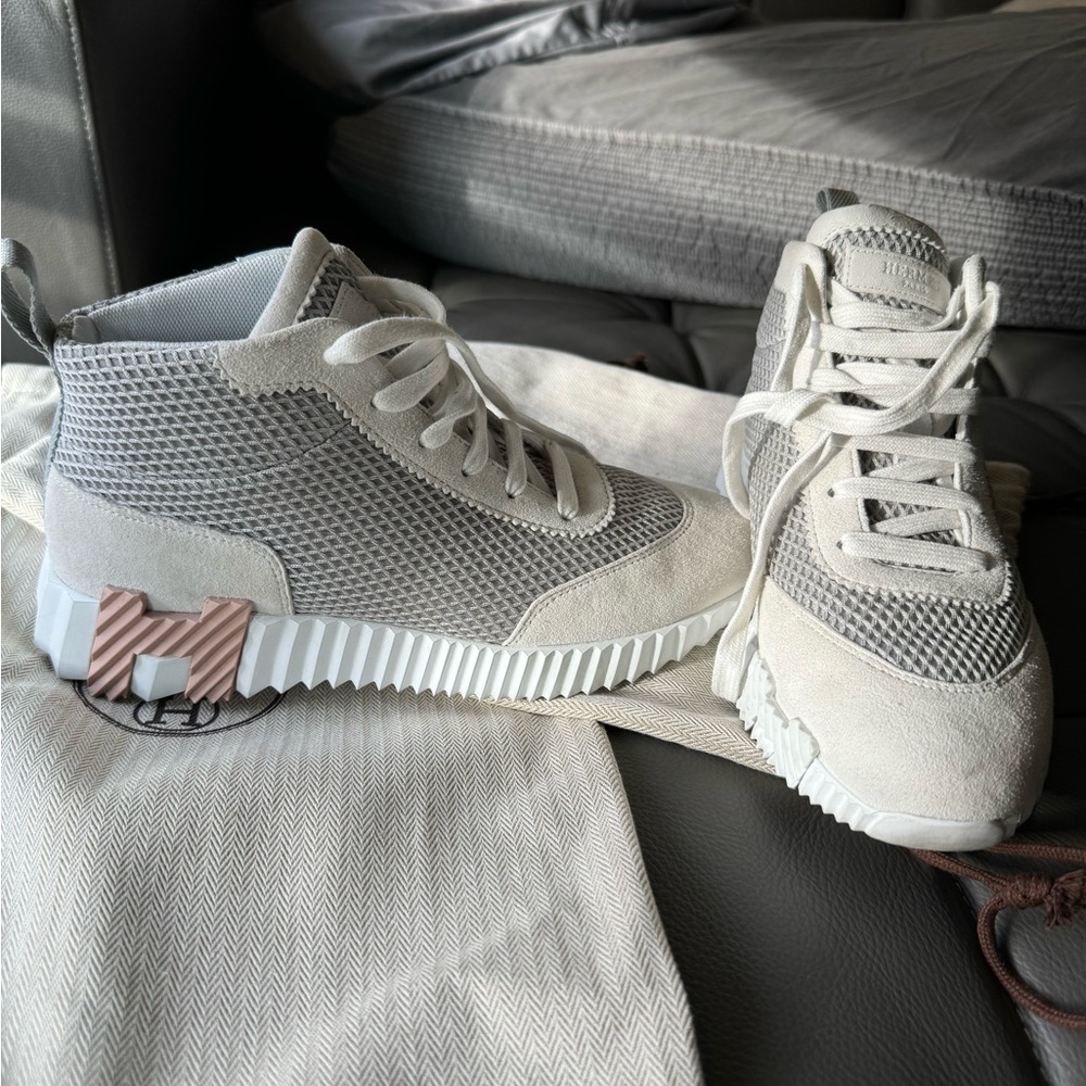 Hermes Goatskin Suede Mesh High Top Sneakers